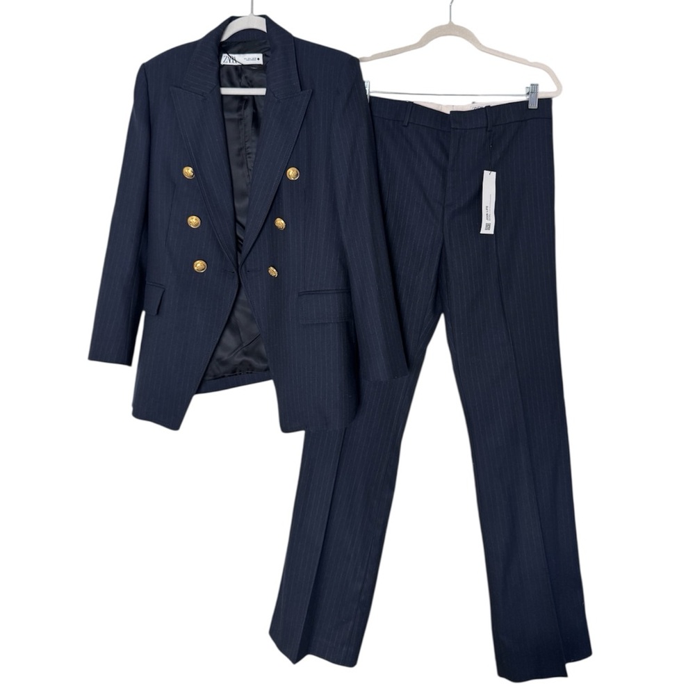 Zara Set Pinstriped Suit Double Breasted Blazer Size L And Wide Leg Pants Size M